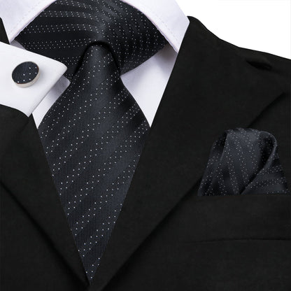 Black Polka Dot Striped Mens's Tie Pocket Square Cufflinks Set
