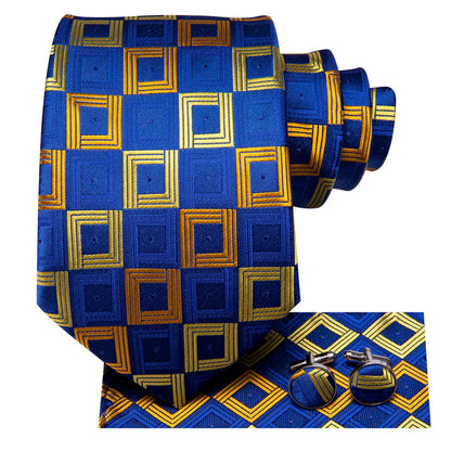 Mens Royal Blue Tie Gold Plaid Formal Necktie Handkercheif Cufflinks Set