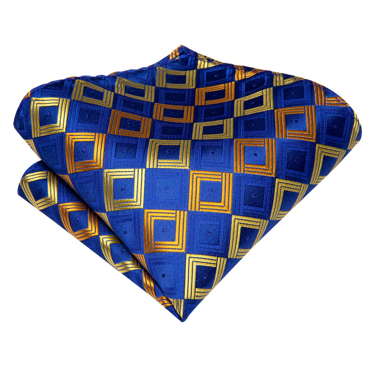 Mens Royal Blue Tie Gold Plaid Formal Necktie Handkercheif Cufflinks Set