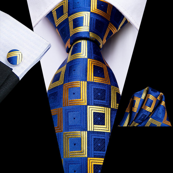 Mens Royal Blue Tie Gold Plaid Formal Necktie Handkercheif Cufflinks Set