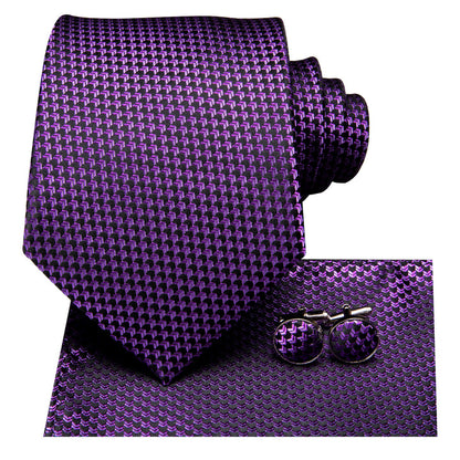 Purple Extra Long Tie Plaid Jacquard Necktie Hanky Cufflinks Set