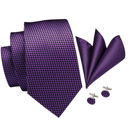 Purple Extra Long Tie Plaid Jacquard Necktie Hanky Cufflinks Set