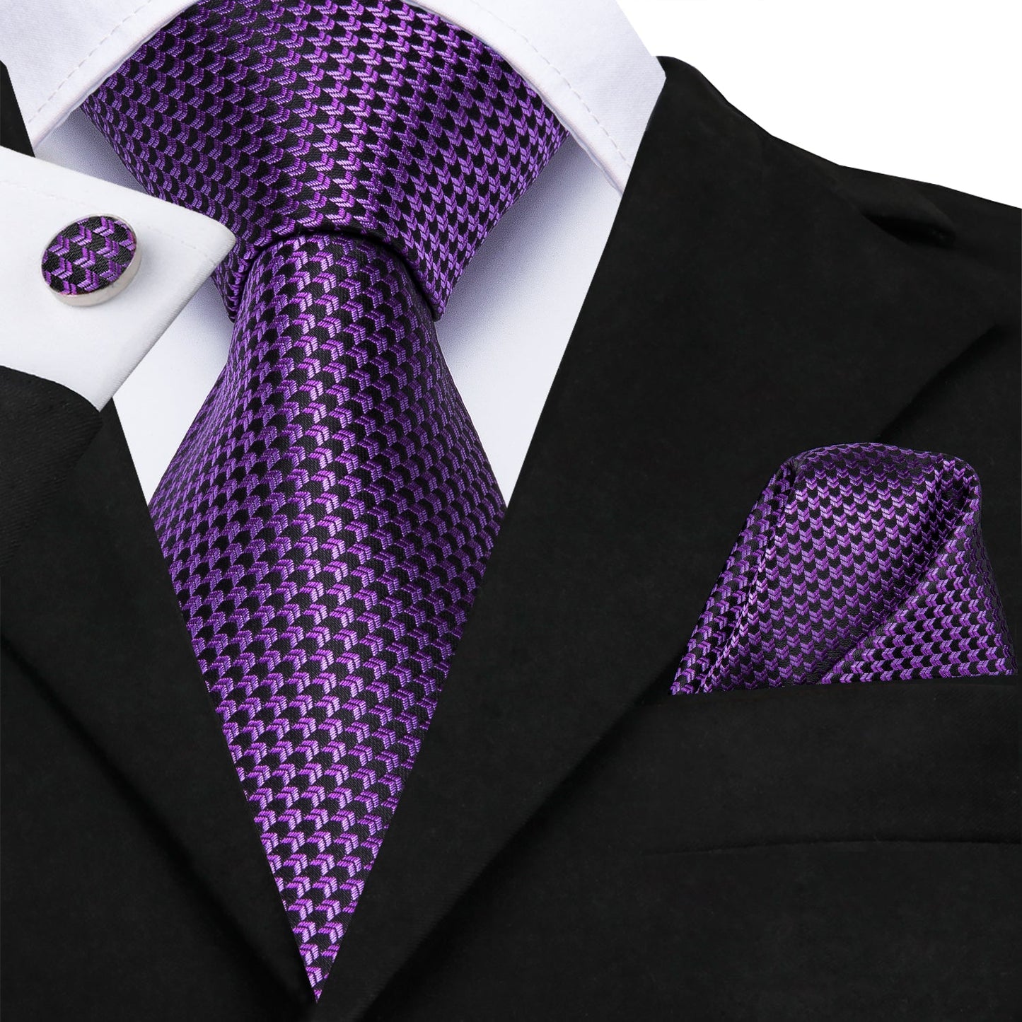 Purple Extra Long Tie Plaid Jacquard Necktie Hanky Cufflinks Set