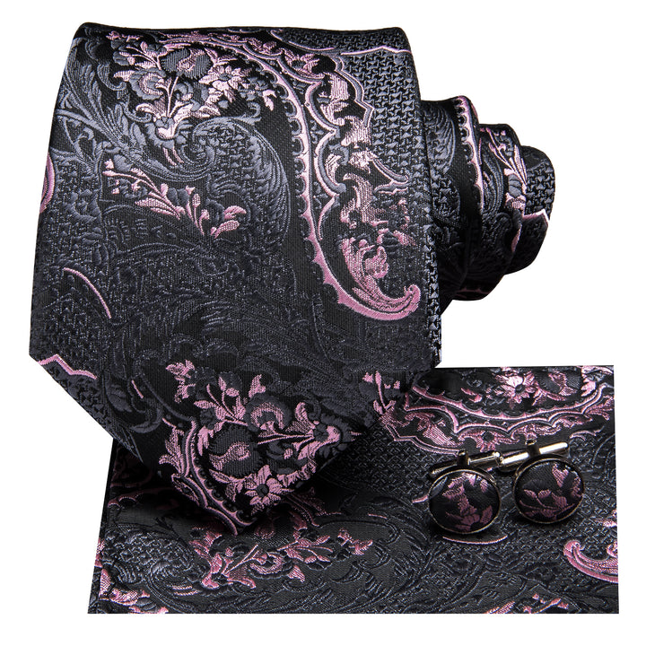 Silk Tie Pink Paisley And Gray Tie Men's Necktie Pocket Square Cufflinks Set For Business