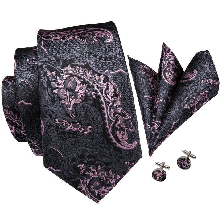 Silk Tie Pink Paisley And Gray Tie Men's Necktie Pocket Square Cufflinks Set For Business
