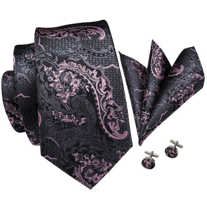 Silk Tie Pink Paisley And Gray Tie Men's Necktie Pocket Square Cufflinks Set For Business