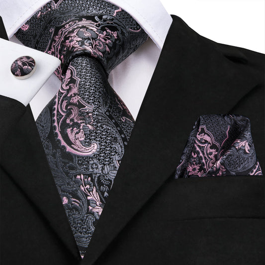 Silk Tie Pink Paisley And Gray Tie Men's Necktie Pocket Square Cufflinks Set For Business