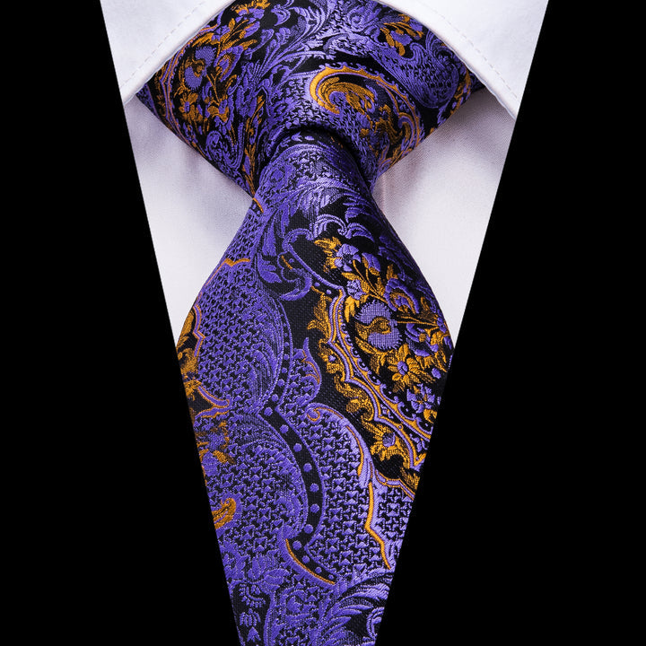 Black Purple Paisley Men's Necktie Pocket Square Cufflinks Set