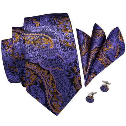 Black Purple Paisley Men's Necktie Pocket Square Cufflinks Set