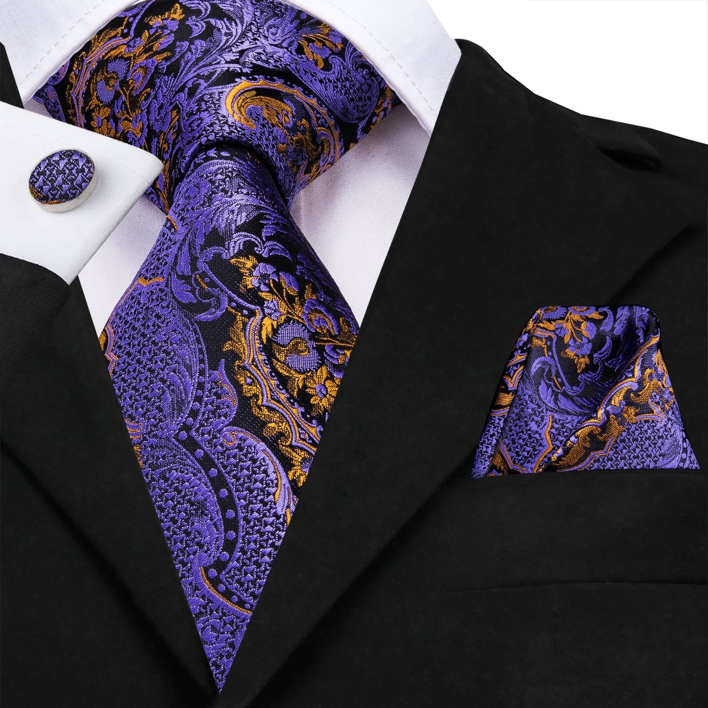 Black Purple Paisley Men's Necktie Pocket Square Cufflinks Set