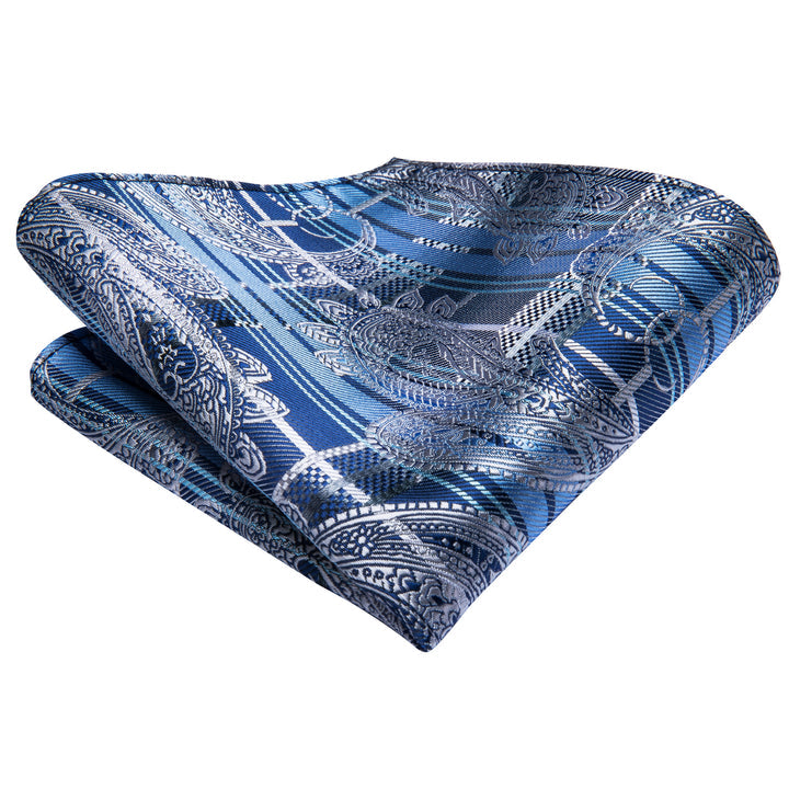 Silver Blue Paisley Plaid Men's Silk Tie Hanky Cufflinks Set