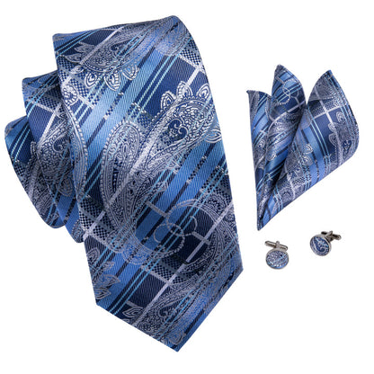 Silver Blue Paisley Plaid Men's Silk Tie Hanky Cufflinks Set