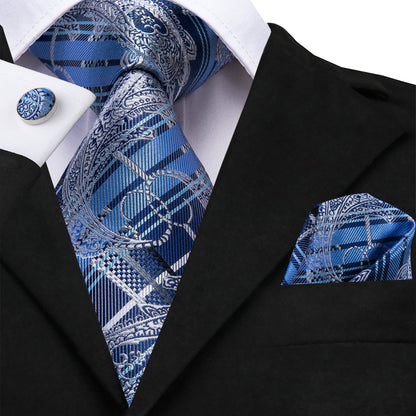 Silver Blue Paisley Plaid Men's Silk Tie Hanky Cufflinks Set