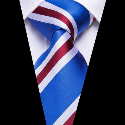 Light Royal Blue Red Striped Men's Necktie Pocket Square Cufflinks Set