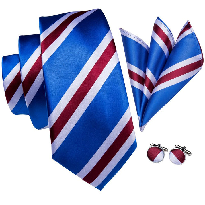 Light Royal Blue Red Striped Men's Necktie Pocket Square Cufflinks Set