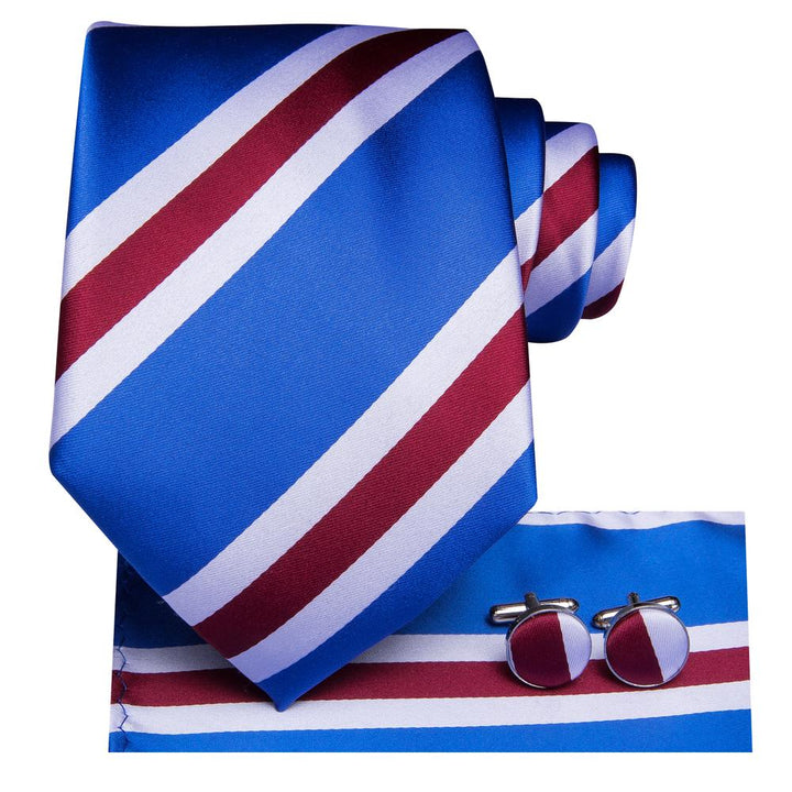 Light Royal Blue Red Striped Men's Necktie Pocket Square Cufflinks Set