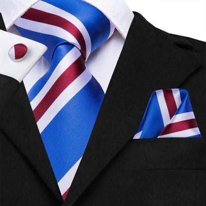 Light Royal Blue Red Striped Men's Necktie Pocket Square Cufflinks Set