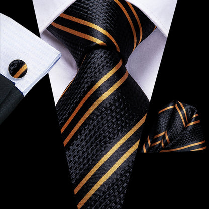 Mens Black Tie Golden Striped Necktie Pocket Square Cufflinks Set