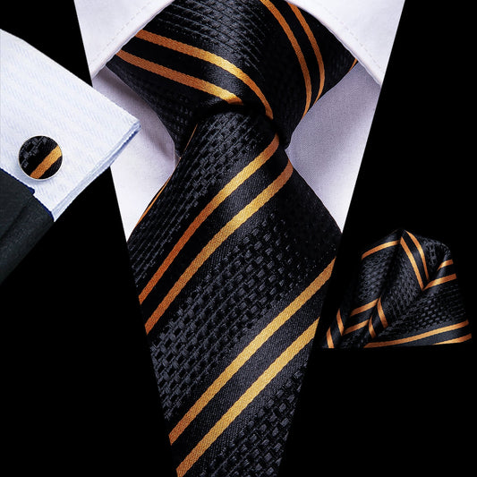 Mens Black Tie Golden Striped Necktie Pocket Square Cufflinks Set
