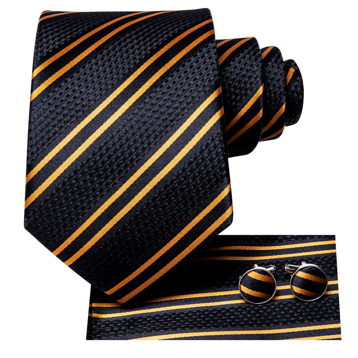 Mens Black Tie Golden Striped Necktie Pocket Square Cufflinks Set