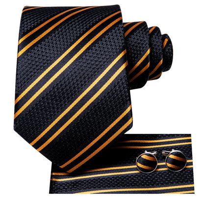 Mens Black Tie Golden Striped Necktie Pocket Square Cufflinks Set