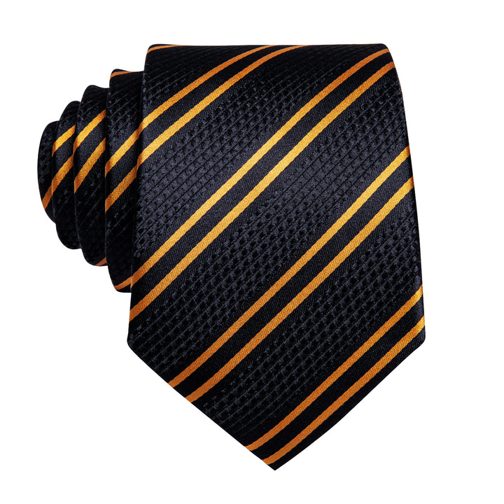 Mens Black Tie Golden Striped Necktie Pocket Square Cufflinks Set
