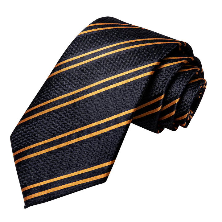 Mens Black Tie Golden Striped Necktie Pocket Square Cufflinks Set