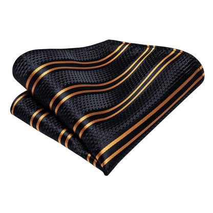 Mens Black Tie Golden Striped Necktie Pocket Square Cufflinks Set