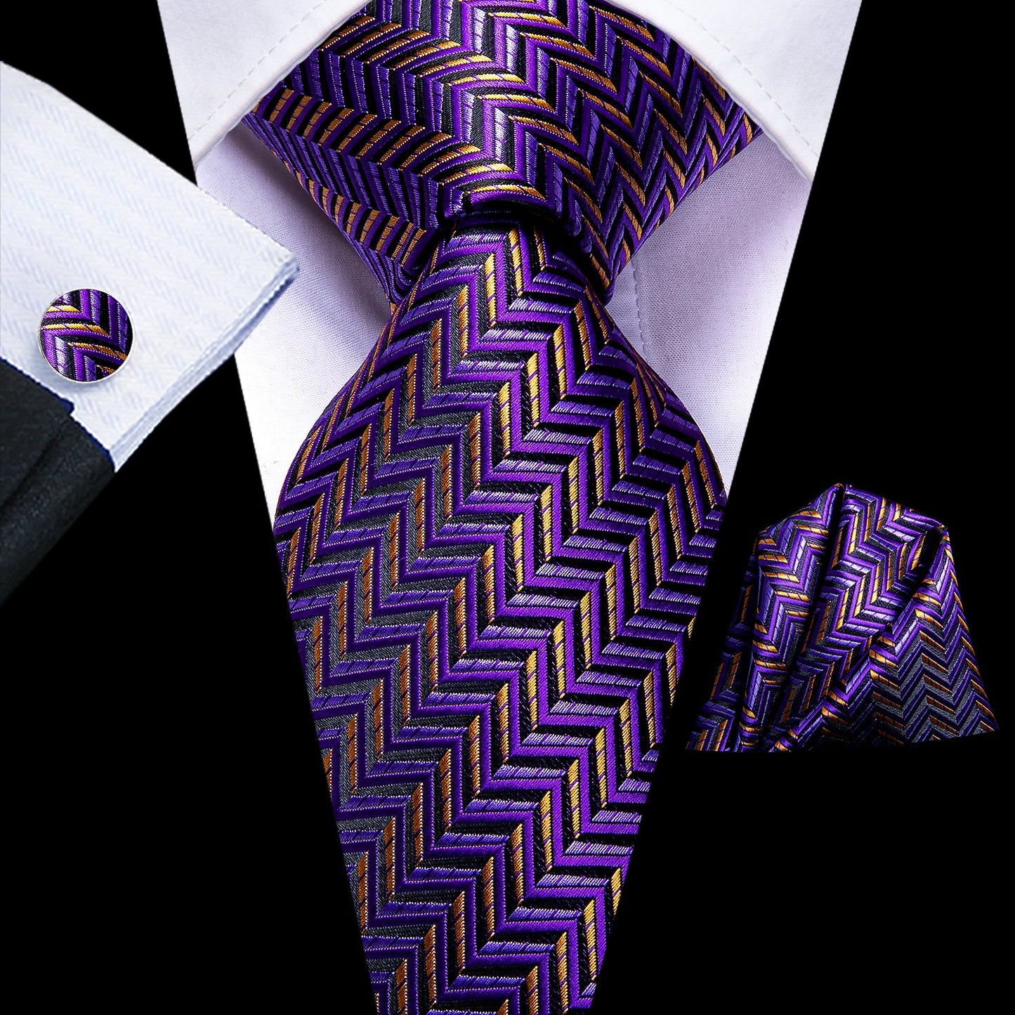Mens Formal Necktie Purple Striped Silk Tie Pocket Square Cufflinks Set