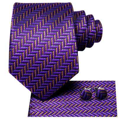 Mens Formal Necktie Purple Striped Silk Tie Pocket Square Cufflinks Set