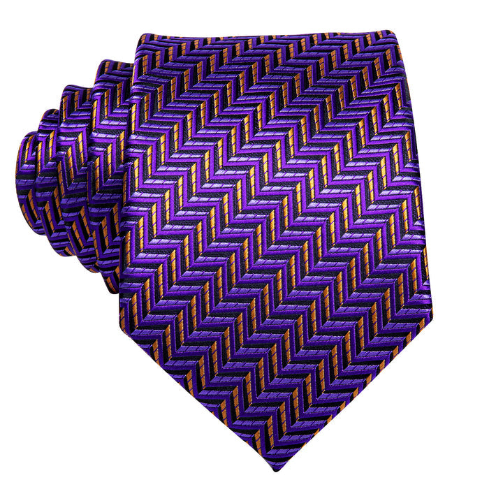 Mens Formal Necktie Purple Striped Silk Tie Pocket Square Cufflinks Set