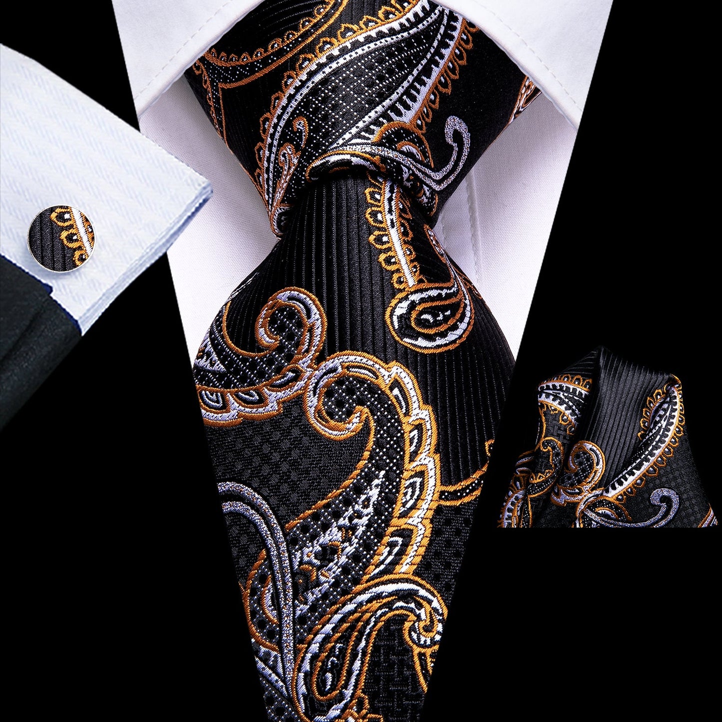 Black Golden Paisley Necktie Pocket Square Cufflinks Set