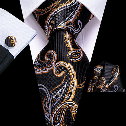 Black Golden Paisley Necktie Pocket Square Cufflinks Set