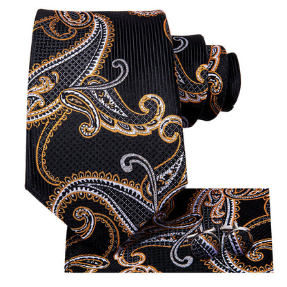 Black Golden Paisley Necktie Pocket Square Cufflinks Set