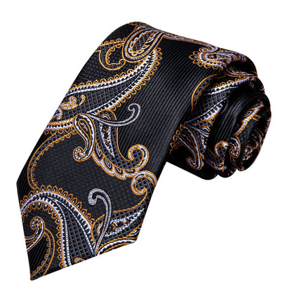 Black Golden Paisley Necktie Pocket Square Cufflinks Set