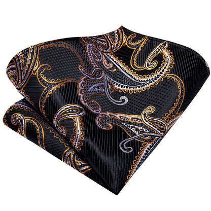 Black Golden Paisley Necktie Pocket Square Cufflinks Set