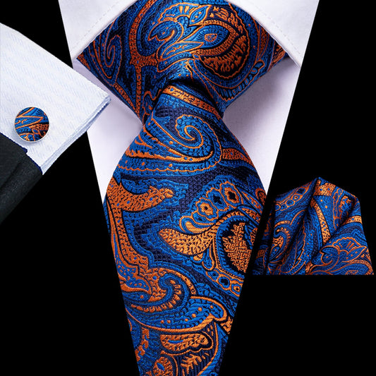 Mens Paisley Tie Silk Blue Formal Wedding Necktie Pocket Square Cufflinks Set