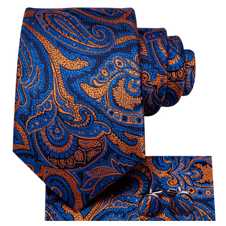 Mens Paisley Tie Silk Blue Formal Wedding Necktie Pocket Square Cufflinks Set