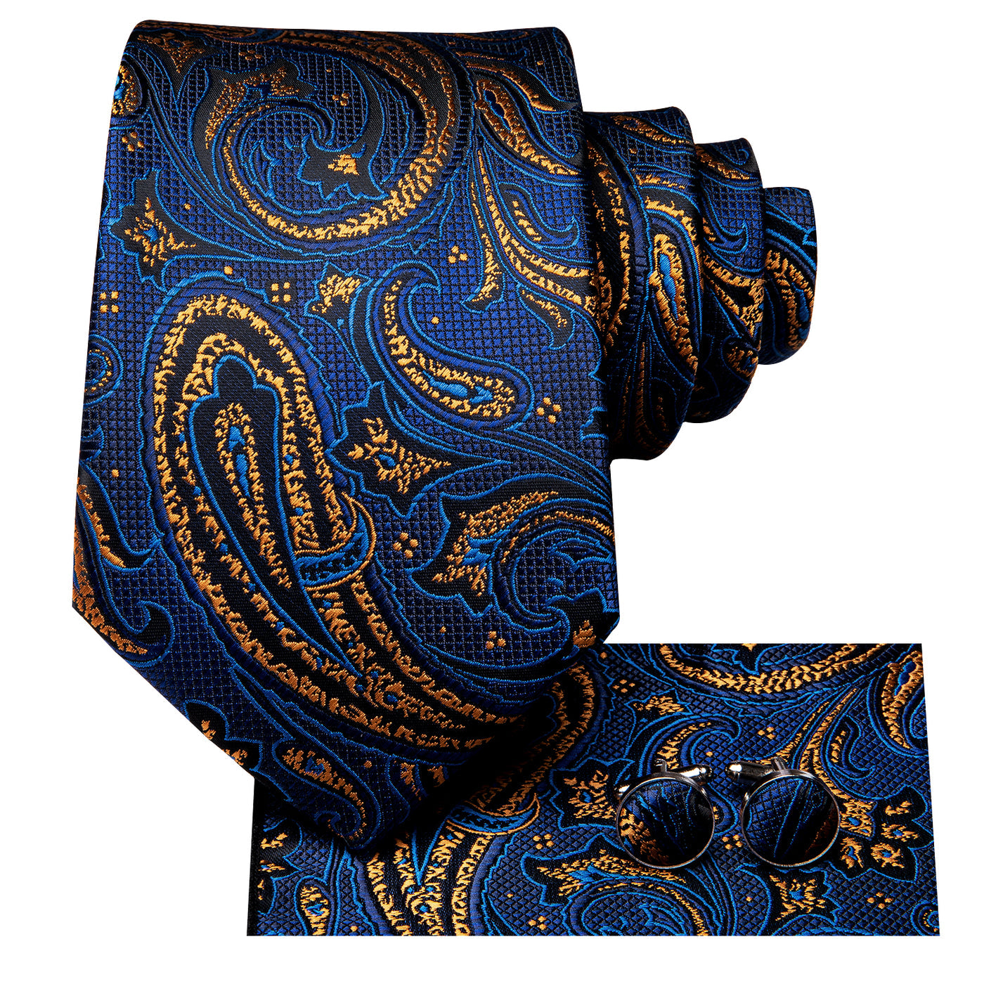 Mens Blue Tie Silk Paisley Necktie Pocket Square Cufflinks Set