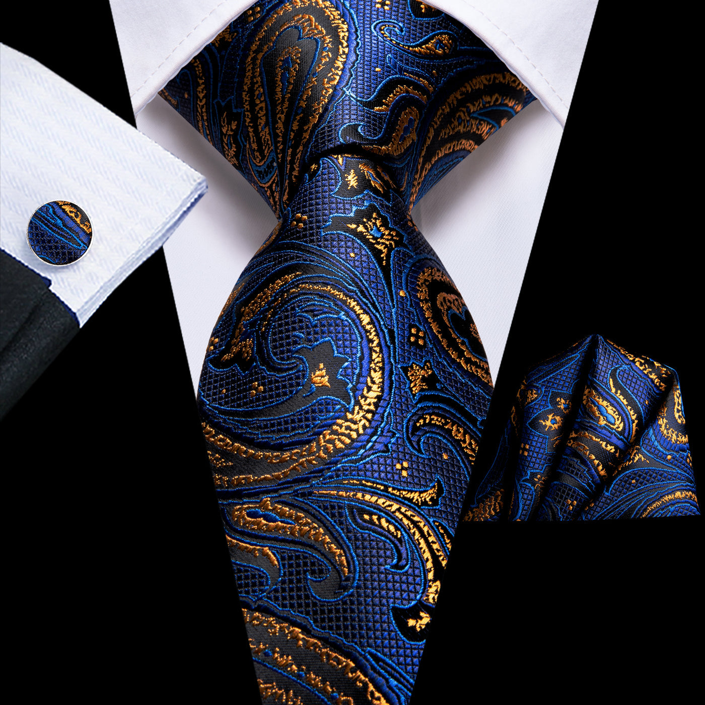 Mens Blue Tie Silk Paisley Necktie Pocket Square Cufflinks Set
