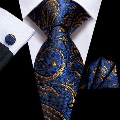 Mens Blue Tie Silk Paisley Necktie Pocket Square Cufflinks Set