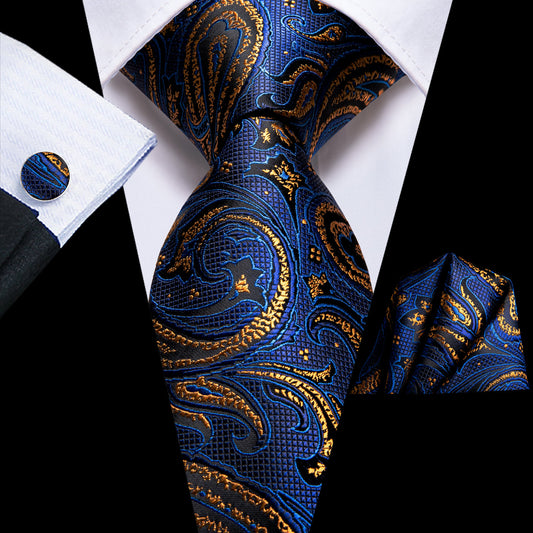 Mens Blue Tie Silk Paisley Necktie Pocket Square Cufflinks Set