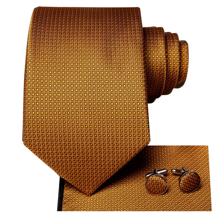 Silk Gold Necktie Plaid Formal Tie Handkerchief Cufflinks Set for Men