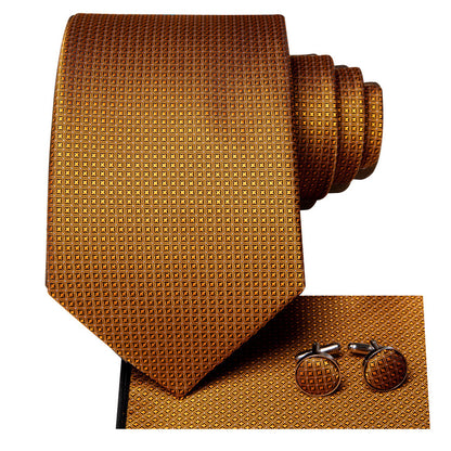 Silk Gold Necktie Plaid Formal Tie Handkerchief Cufflinks Set for Men