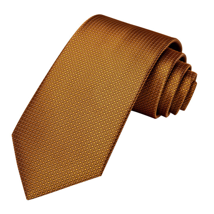 Silk Gold Necktie Plaid Formal Tie Handkerchief Cufflinks Set for Men