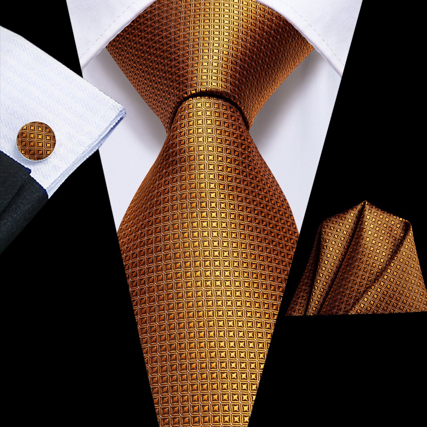 Silk Gold Necktie Plaid Formal Tie Handkerchief Cufflinks Set for Men