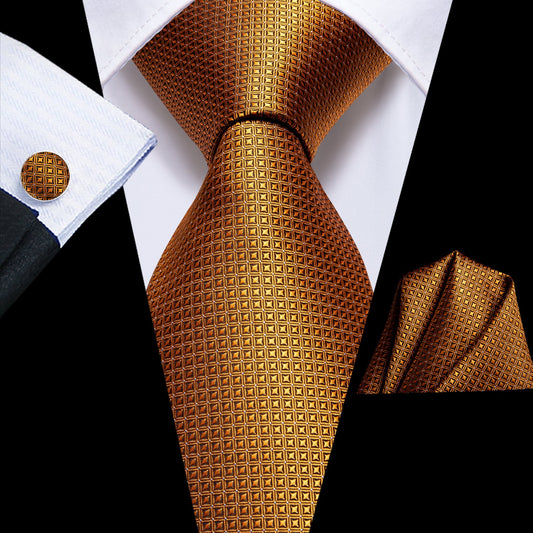 Silk Gold Necktie Plaid Formal Tie Handkerchief Cufflinks Set for Men