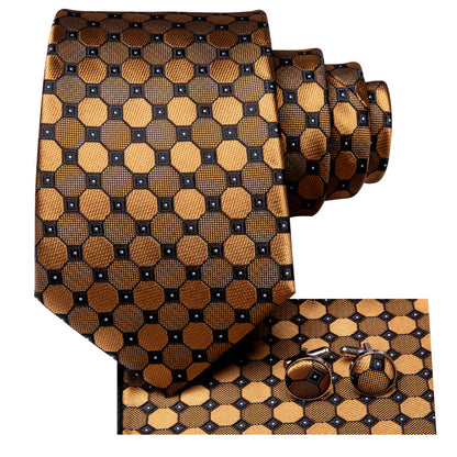 Mens Silk Necktie Gold Plaid Wedding Tie Handkerchief Cufflinks Set