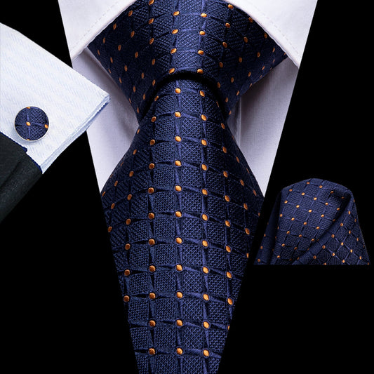Navy Blue Tie Mens Plaid Silk Necktie Pocket Square Cufflinks Set for Business