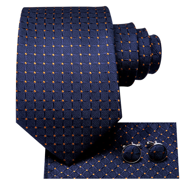 Navy Blue Tie Mens Plaid Silk Necktie Pocket Square Cufflinks Set for Business